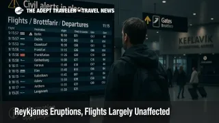 Traveler studies departures board at Keflavík International Airport as Reykjanes eruptions continue, with flights largely unaffected and civil alerts in place