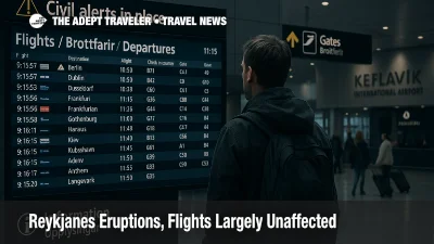 Traveler studies departures board at Keflavík International Airport as Reykjanes eruptions continue, with flights largely unaffected and civil alerts in place