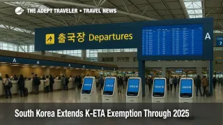 Incheon check-in hall with kiosks and departures board, illustrating 2025 K-ETA exemption for select passports and optional K-ETA for arrival card benefits