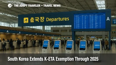 Incheon check-in hall with kiosks and departures board, illustrating 2025 K-ETA exemption for select passports and optional K-ETA for arrival card benefits