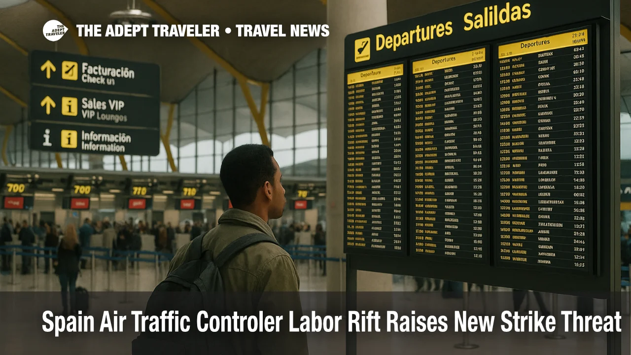 Traveler checks the departures board in Madrid Barajas Terminal 4 during a Spain air traffic controller strike threat, with moderate queues and clear wayfinding