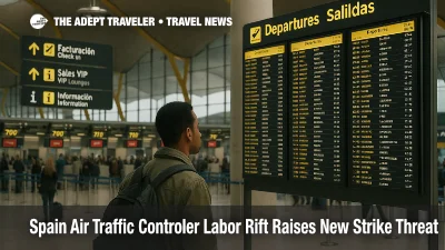 Traveler checks the departures board in Madrid Barajas Terminal 4 during a Spain air traffic controller strike threat, with moderate queues and clear wayfinding