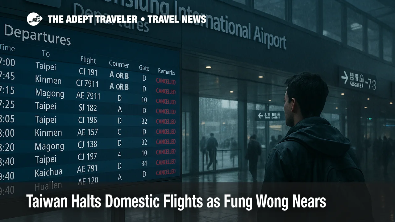 Traveler checks the departures board at Kaohsiung International Airport as Fung Wong cancels domestic flights and triggers county closures