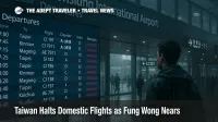 Traveler checks the departures board at Kaohsiung International Airport as Fung Wong cancels domestic flights and triggers county closures
