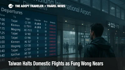 Traveler checks the departures board at Kaohsiung International Airport as Fung Wong cancels domestic flights and triggers county closures