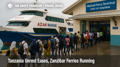 Travelers queue at Malindi Ferry Terminal in Zanzibar as ferries operate normally, reflecting improved Tanzania travel conditions after unrest