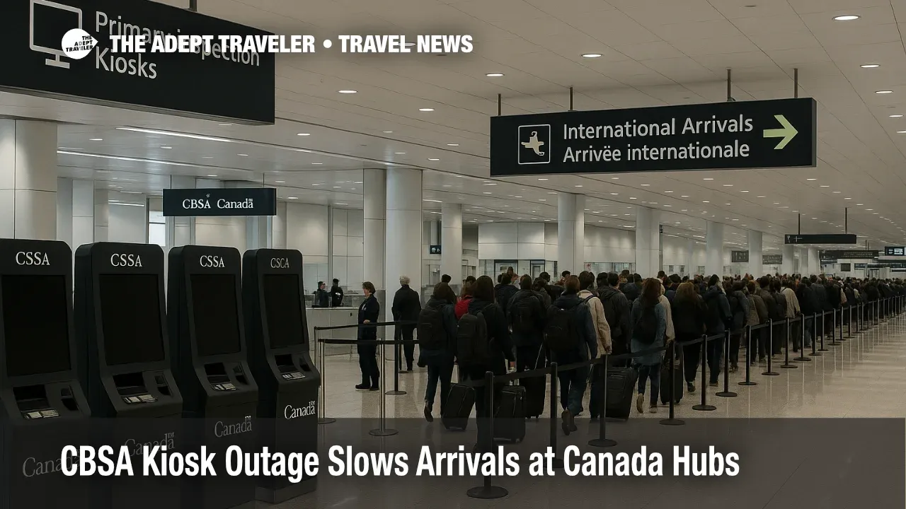 International arrivals hall at Toronto Pearson with CBSA kiosks dark and long customs lines forming during a Canada border inspection kiosk outage