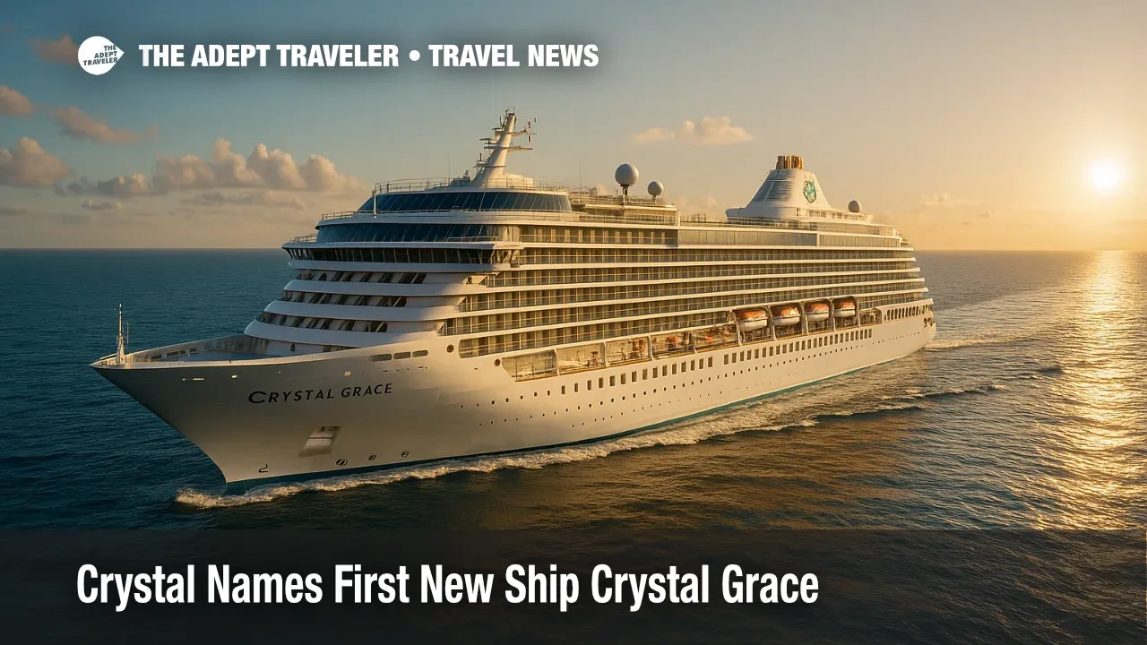 Rendering of Crystal Grace, Crystal Cruises new 650 passenger luxury ship, sailing on calm open water under a bright late afternoon sky