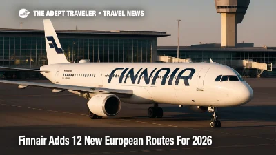 Finnair jet taxiing at Helsinki Airport with terminal and tower behind, highlighting its 2026 European network