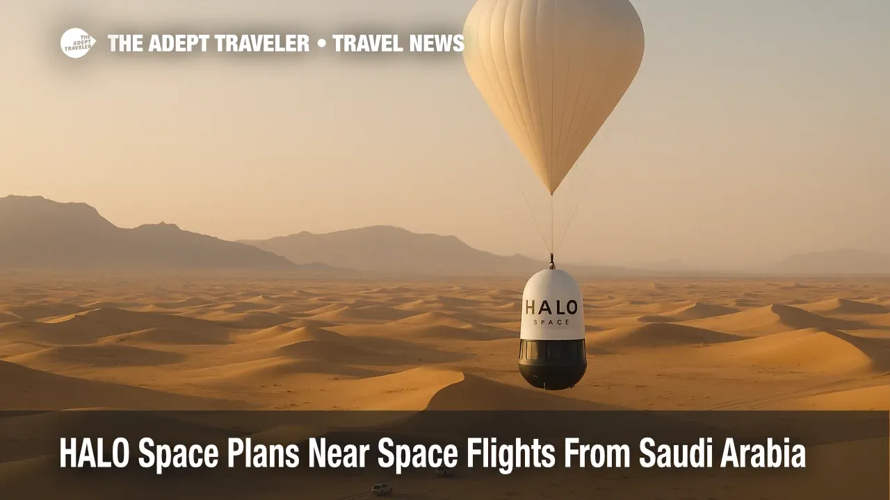 HALO Space Aurora capsule under a stratospheric balloon over Saudi desert, near space tourism launch region with dunes and distant recovery convoy