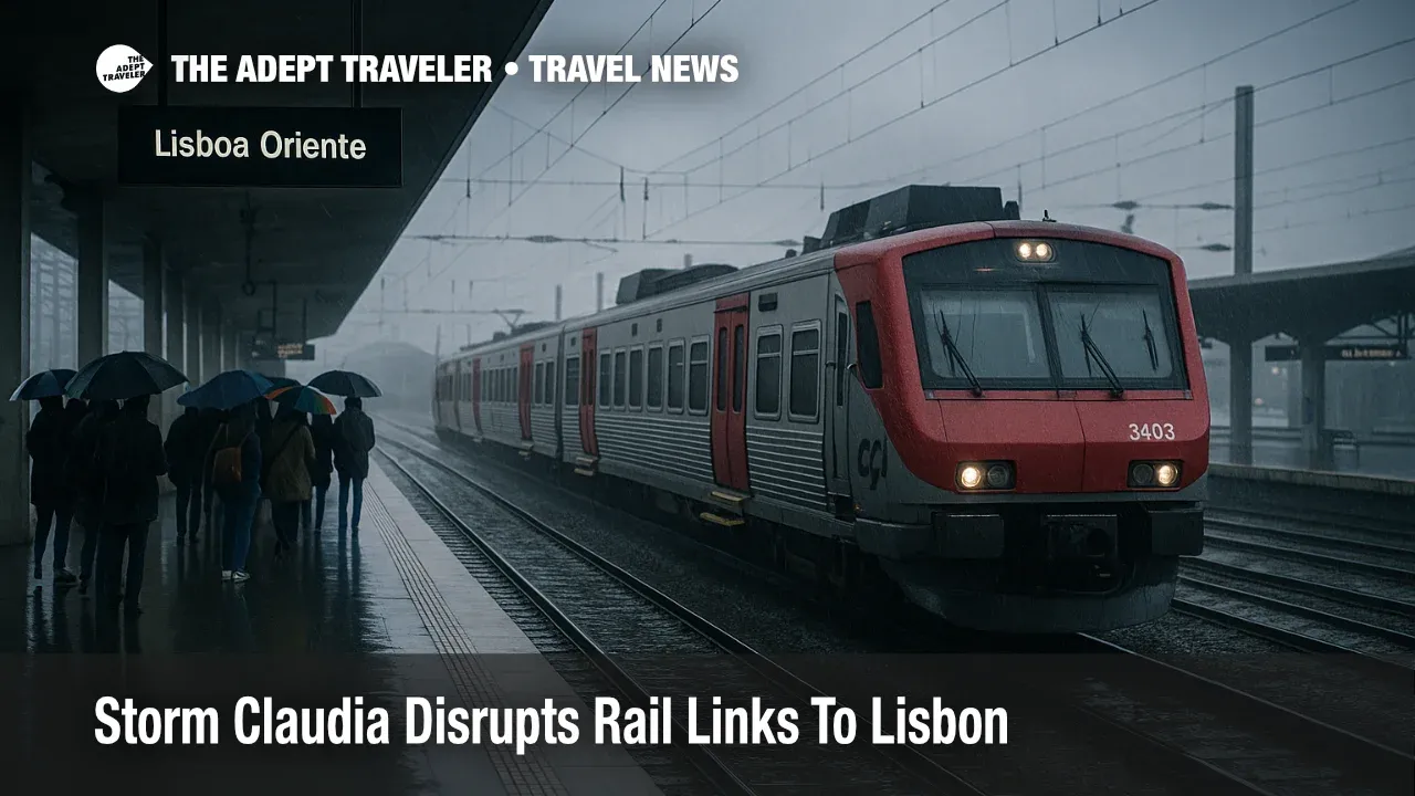 Storm Claudia floods tracks and slows trains at Lisbon Oriente railway station as passengers wait on a wet platform