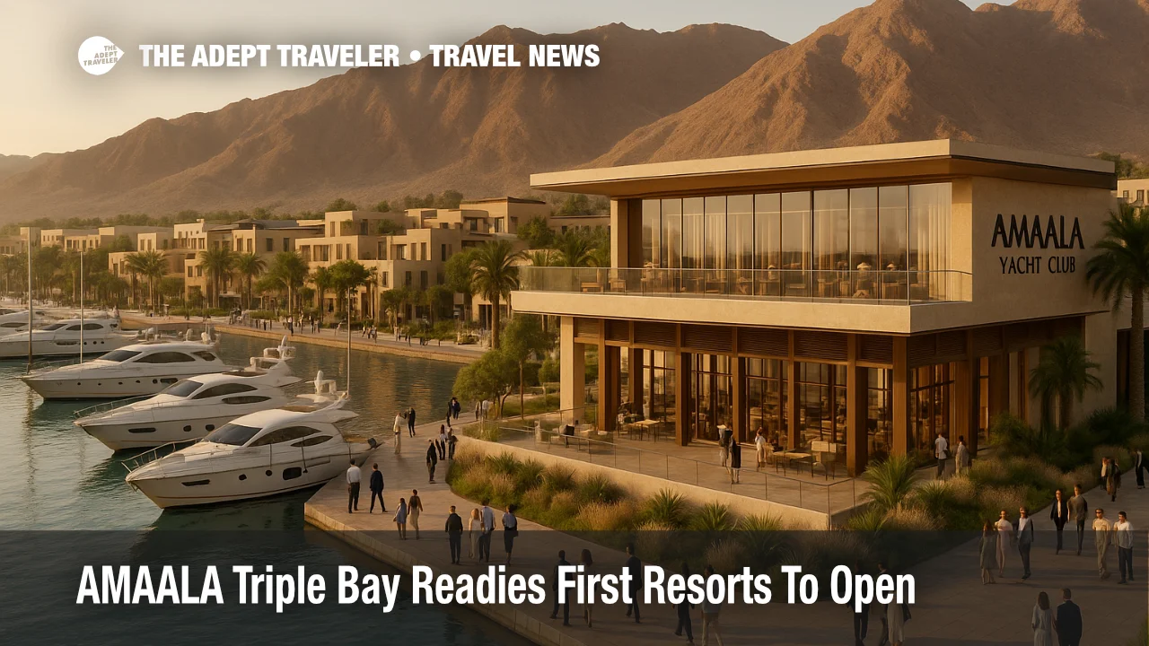 AMAALA Triple Bay Yacht Club and marina village on the Red Sea coast, yachts moored at the quay, new luxury destination opening in phases