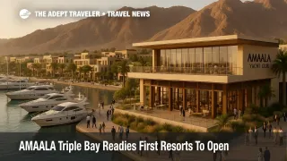 AMAALA Triple Bay Yacht Club and marina village on the Red Sea coast, yachts moored at the quay, new luxury destination opening in phases