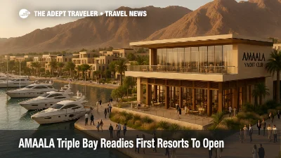 AMAALA Triple Bay Yacht Club and marina village on the Red Sea coast, yachts moored at the quay, new luxury destination opening in phases