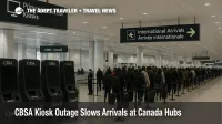 International arrivals hall at Toronto Pearson with CBSA kiosks dark and long customs lines forming during a Canada border inspection kiosk outage