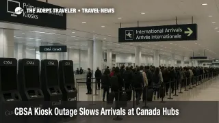 International arrivals hall at Toronto Pearson with CBSA kiosks dark and long customs lines forming during a Canada border inspection kiosk outage
