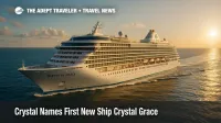 Rendering of Crystal Grace, Crystal Cruises new 650 passenger luxury ship, sailing on calm open water under a bright late afternoon sky