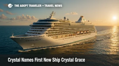 Rendering of Crystal Grace, Crystal Cruises new 650 passenger luxury ship, sailing on calm open water under a bright late afternoon sky