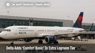 Delta Comfort Basic launch, Delta A321 at Atlanta concourse with gate and jet bridge, bright overcast, travelers visible through terminal windows