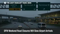 Evening view of International Parkway at DFW Airport with one southbound lane closed for weekend construction and traffic flowing slowly toward the terminals