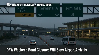Evening view of International Parkway at DFW Airport with one southbound lane closed for weekend construction and traffic flowing slowly toward the terminals