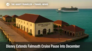 Falmouth cruise port in Jamaica with empty pier, red roofed terminal and a white cruise ship passing offshore at sunset