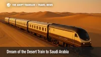 Dream of the Desert luxury train on Saudi desert tracks near Riyadh at sunset, golden dunes and warm light on the carriages.