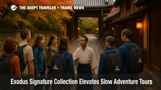Small Exodus Adventure Travels group walking with a local guide through a Kyoto temple district at sunset on a Signature Collection small-group tour in Japan.