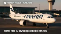 Finnair jet taxiing at Helsinki Airport with terminal and tower behind, highlighting its 2026 European network