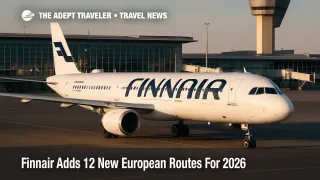 Finnair jet taxiing at Helsinki Airport with terminal and tower behind, highlighting its 2026 European network