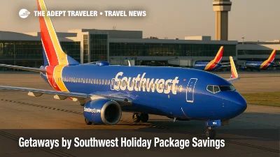 Southwest Airlines jet taxiing at Dallas Love Field, illustrating Getaways by Southwest vacation package deals.