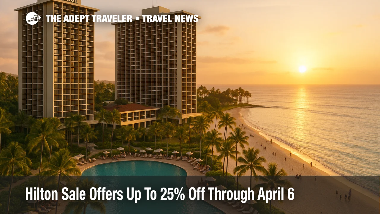 Hilton Hawaiian Village beachfront towers and pools at sunset, illustrating the Hilton Sale winter promotion and resort options for discounted stays