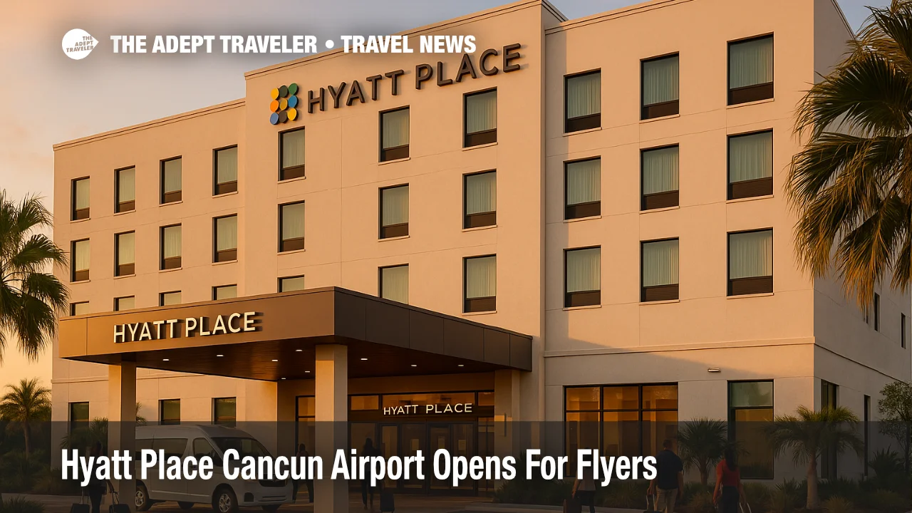 Exterior of Hyatt Place Cancun Airport near Cancun Airport with hotel entrance, shuttle area, and palm trees at sunset