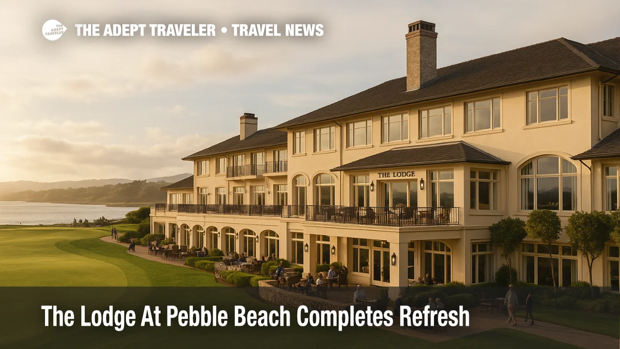 Late afternoon light at The Lodge at Pebble Beach, eye level three quarter angle from the 18th fairway side showing the lodge façade and terraces, context shows manicured green leading to Carmel Bay and distant coastline, bright overcast sky with soft sun, subtle reflections on windows, gentle bloom, a few guests seated on the terrace and walking paths for scale, real world Pebble Beach branding and architecture accurate