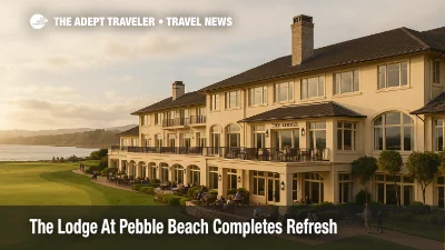Late afternoon light at The Lodge at Pebble Beach, eye level three quarter angle from the 18th fairway side showing the lodge façade and terraces, context shows manicured green leading to Carmel Bay and distant coastline, bright overcast sky with soft sun, subtle reflections on windows, gentle bloom, a few guests seated on the terrace and walking paths for scale, real world Pebble Beach branding and architecture accurate