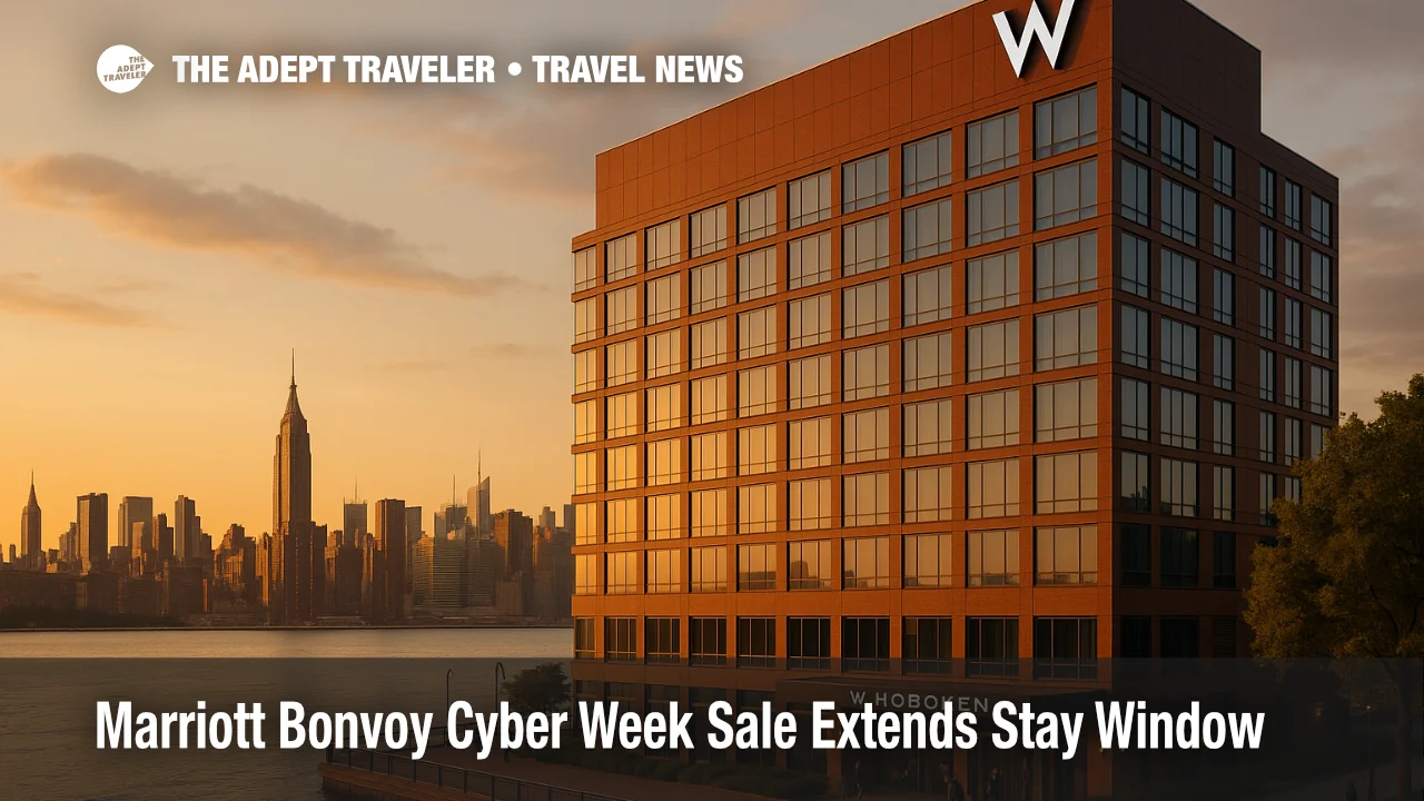 Exterior of W Hoboken at sunset with Manhattan skyline in the background illustrating Marriott Bonvoy Cyber Week sale