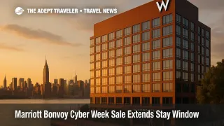 Exterior of W Hoboken at sunset with Manhattan skyline in the background illustrating Marriott Bonvoy Cyber Week sale