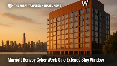 Exterior of W Hoboken at sunset with Manhattan skyline in the background illustrating Marriott Bonvoy Cyber Week sale
