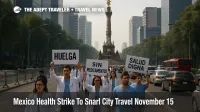 Doctors in white coats march near the Angel of Independence during the Mexico health strike as slowed traffic lines Paseo de la Reforma in Mexico City.