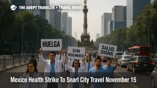 Doctors in white coats march near the Angel of Independence during the Mexico health strike as slowed traffic lines Paseo de la Reforma in Mexico City.