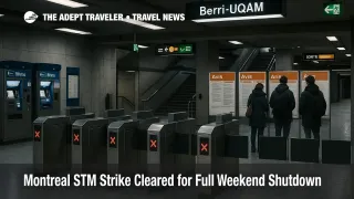 Travelers face closed STM fare gates at Berri UQAM station during the Montreal STM strike shutdown weekend