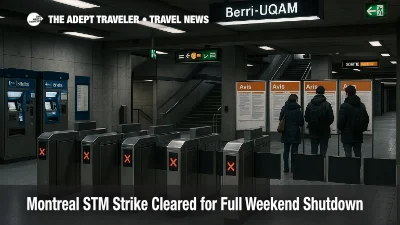 Travelers face closed STM fare gates at Berri UQAM station during the Montreal STM strike shutdown weekend
