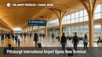 Travelers walk through the new Pittsburgh International Airport terminal under wood toned ceilings and tree like columns toward check in and security