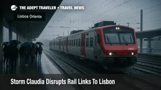 Storm Claudia floods tracks and slows trains at Lisbon Oriente railway station as passengers wait on a wet platform