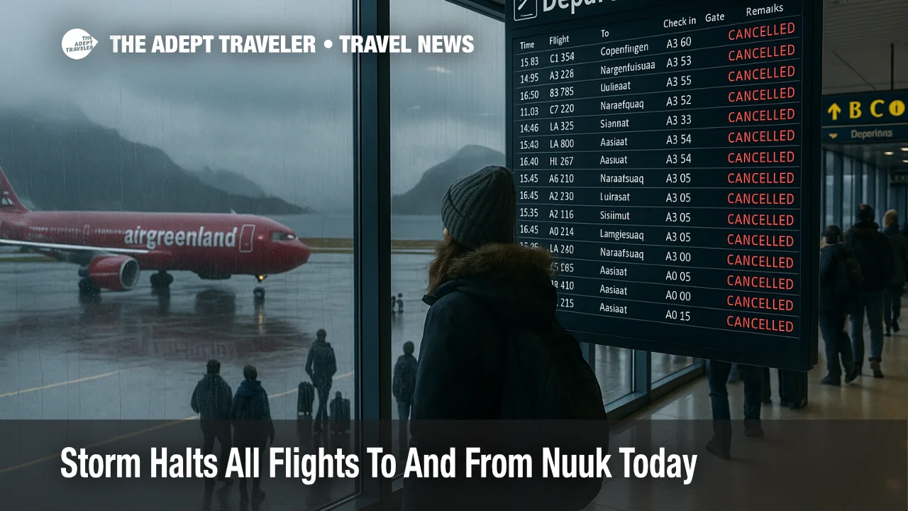 Travelers watch a departures board at Nuuk Airport during storm related flight cancellations, with an Air Greenland jet grounded on a rain soaked apron