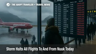Travelers watch a departures board at Nuuk Airport during storm related flight cancellations, with an Air Greenland jet grounded on a rain soaked apron