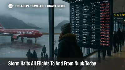 Travelers watch a departures board at Nuuk Airport during storm related flight cancellations, with an Air Greenland jet grounded on a rain soaked apron