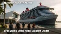 Virgin Voyages ship berthed at PortMiami Terminal V as cruisers with luggage walk toward embarkation under bright overcast skies