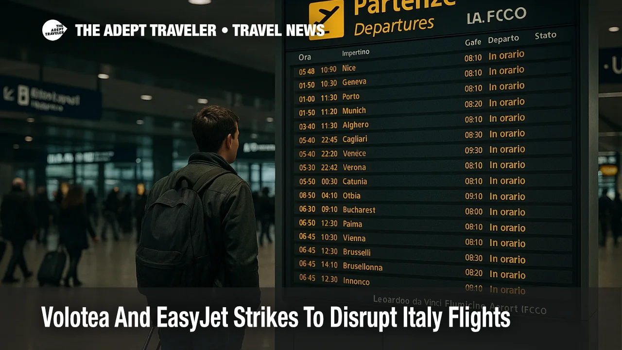Travelers watch the departures board at Rome Fiumicino during Volotea and easyJet strike disruption in Italy on November 14 2025