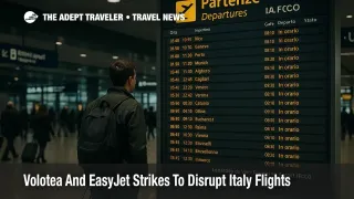 Travelers watch the departures board at Rome Fiumicino during Volotea and easyJet strike disruption in Italy on November 14 2025